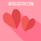 Illustration of two red hearts, one big and one small, on a pink background with the text MyRegistry.com written above them