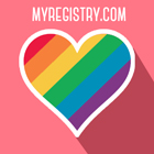 Illustration of a rainbow colored heart with a white border on a pink background and the text MyRegistry.com written above it