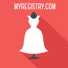 Illustration of a white wedding dress on a red background with the text MyRegistry.com written above it