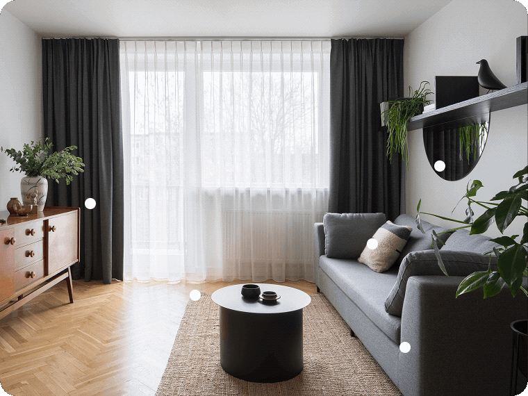 A living room photograph with the MyRegistry extension adding a mid-century teak credenza from Etsy to a gift list