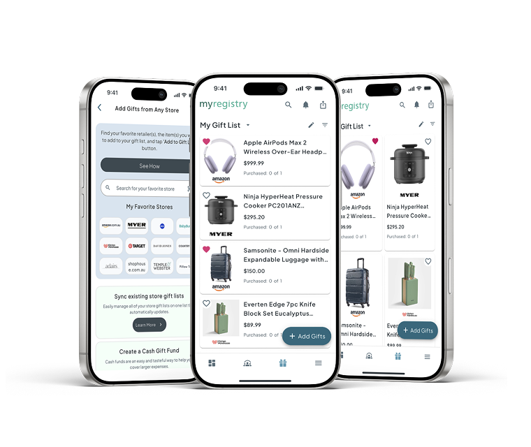 The MyRegistry app on three phones, showing a gift list with items added from Amazon and the store picker for adding gifts from any retailer
