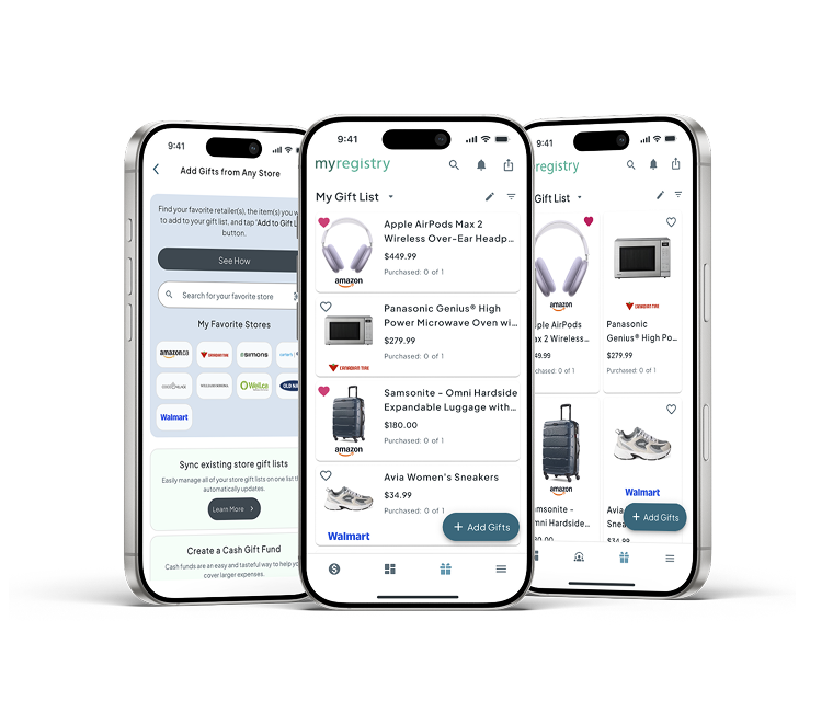 The MyRegistry app on three phones, showing a gift list with items added from Amazon and the store picker for adding gifts from any retailer