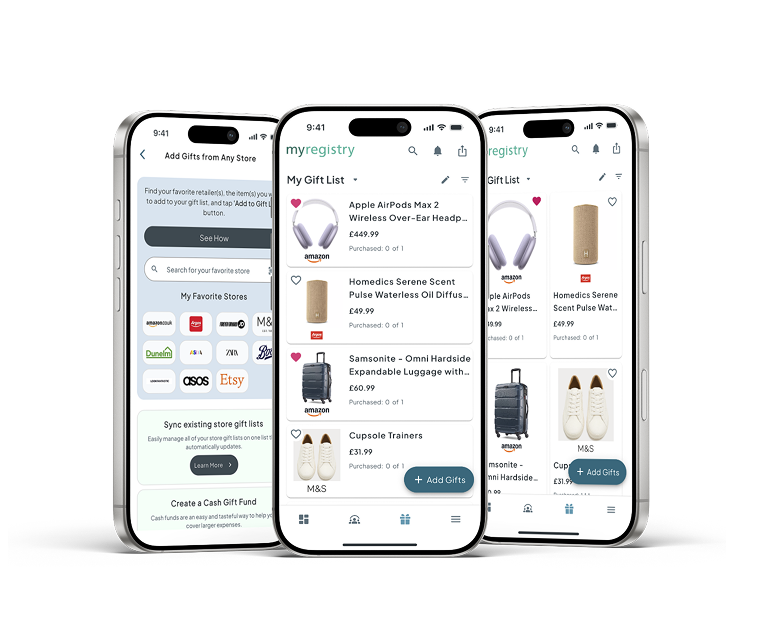 The MyRegistry app on three phones, showing a gift list with items added from Amazon and the store picker for adding gifts from any retailer