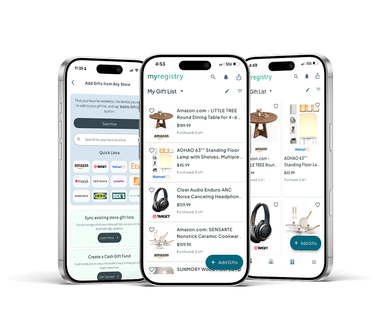 The MyRegistry app on three phones, showing a gift list with items added from Amazon and the store picker for adding gifts from any retailer