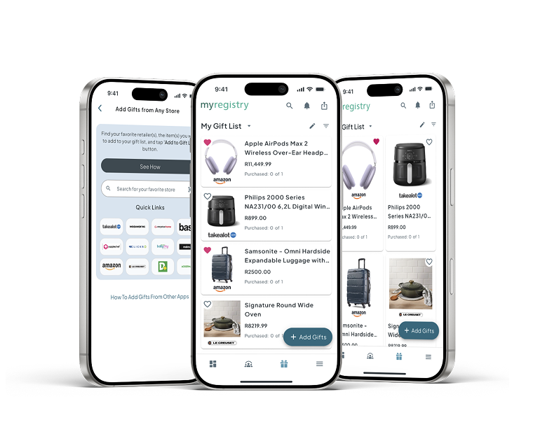 The MyRegistry app on three phones, showing a gift list with items added from Amazon and the store picker for adding gifts from any retailer