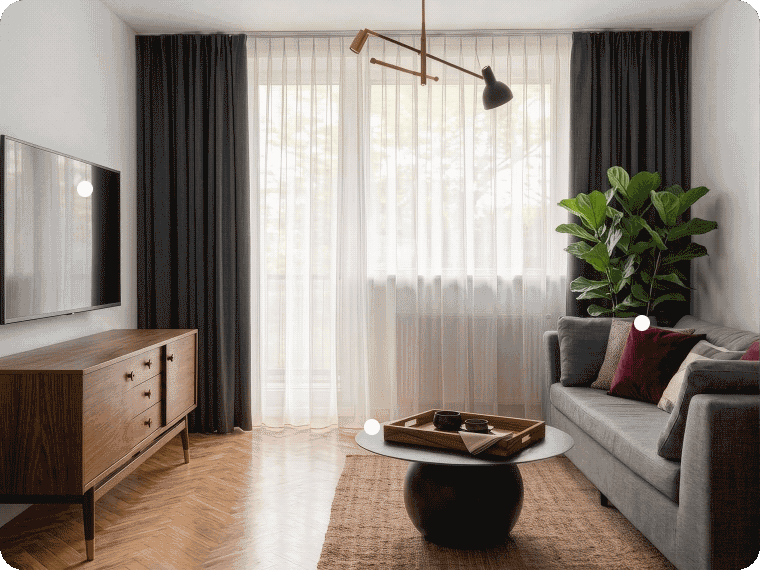 A living room photograph with the MyRegistry extension adding a mid-century teak credenza from Etsy to a gift list