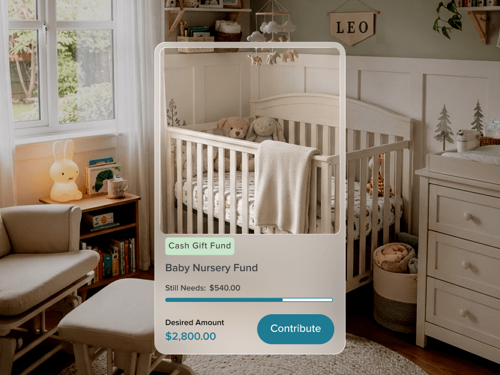 A Nursery Fund cash gift card over a finished nursery